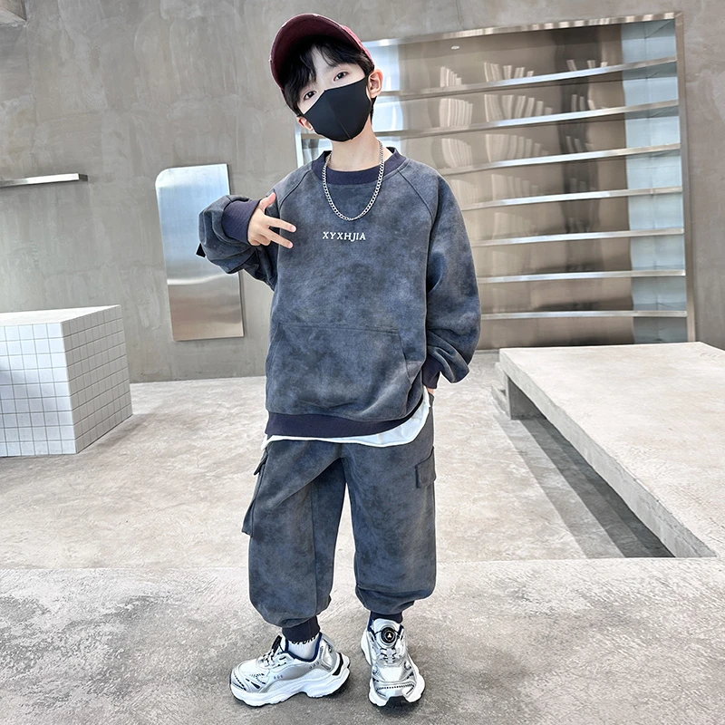 儿童装男童春秋装套装2024新款男孩做旧脏脏服时髦帅气卫衣两件套