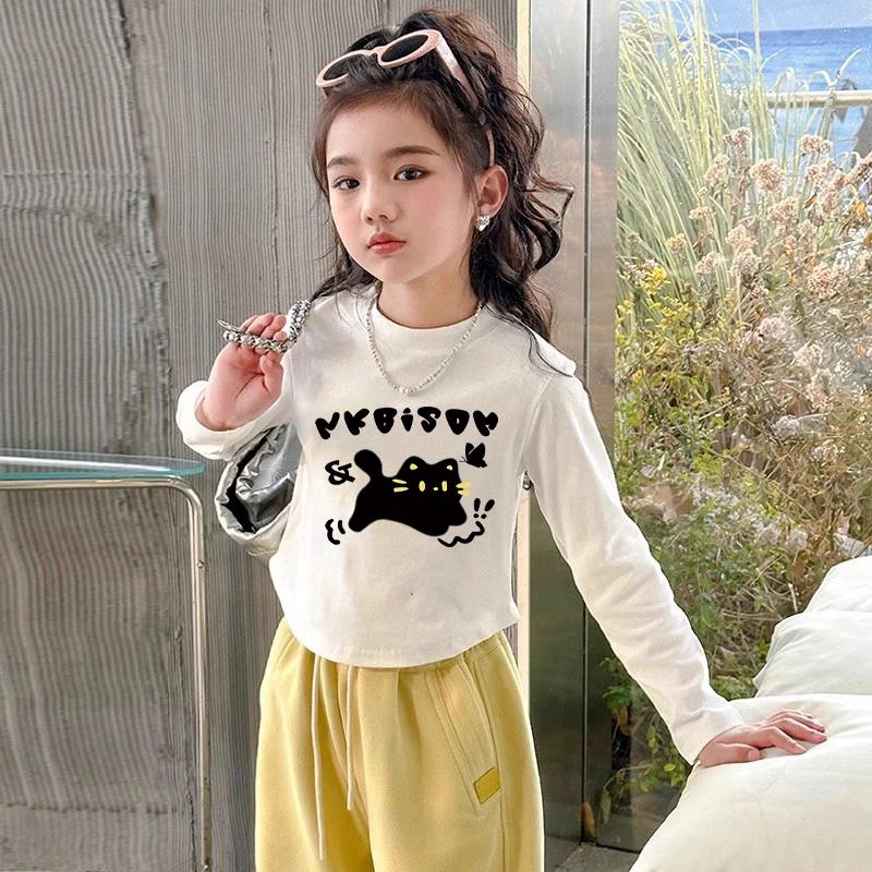 纯棉中大童女装春秋冬季薄款长袖t恤显瘦弧形设计感ins风时尚上衣