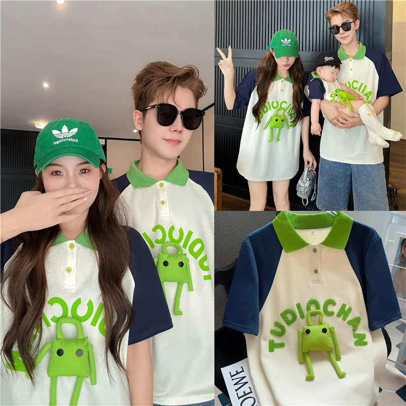 洋气亲子装男女童夏季一家三四口趣味玩偶polo短袖t恤母女全家装