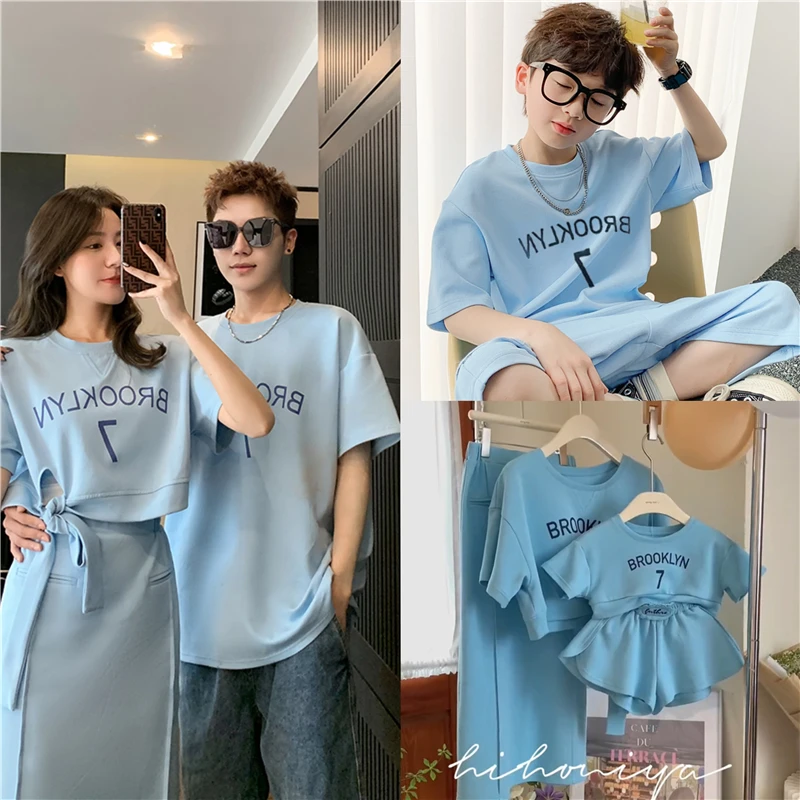 不一样亲子装母子母女两件套一家三口海边度假男女童休闲短袖上衣