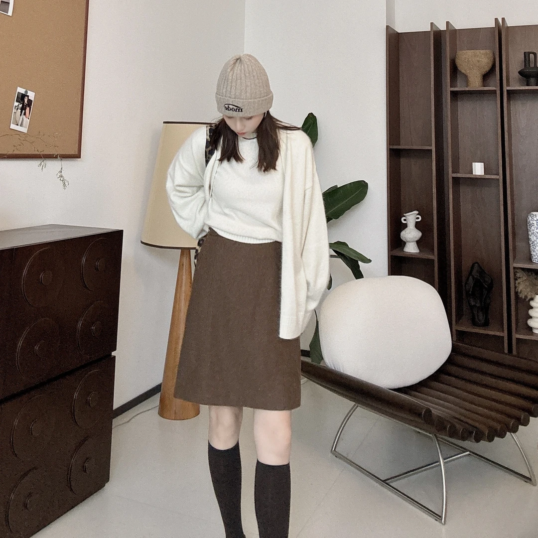 【丽姐女装】不过膝羊毛中裙 冬日知性风 质感遮胯百搭半裙Q5892