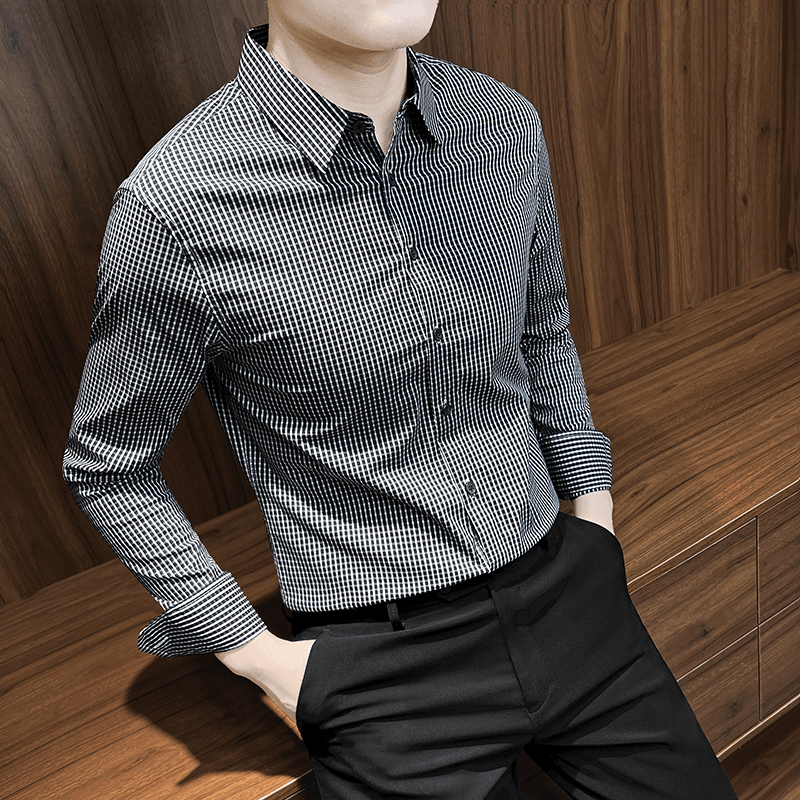 男士长袖衬衫商务高级感黑白格子衬衣男款爆款2023新款春秋季上衣