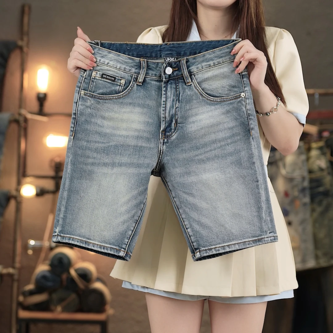 夏季新款男士牛仔裤短裤复古怀旧蓝色修身弹力中裤五分裤薄款百搭