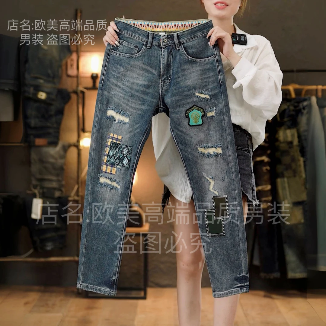 原创个性刺绣贴布补丁破洞高端男士牛仔裤子修身弹力欧美新款潮