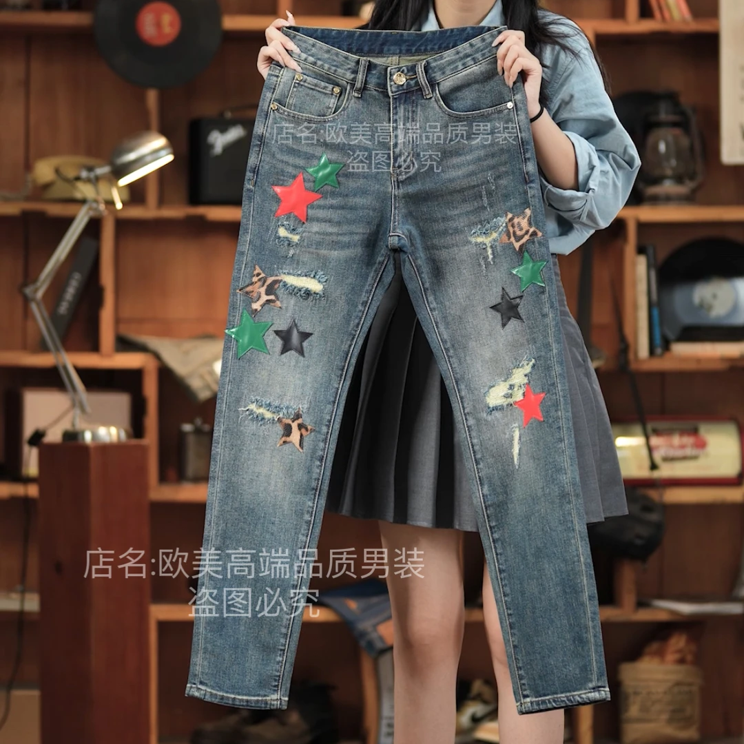 轻奢美式设计师款高端男士牛仔裤个性破洞补丁刺绣贴布修身弹力潮
