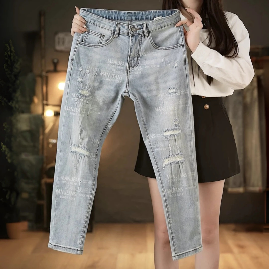九分裤男士秋冬浅蓝色破洞印花牛仔裤修身小脚弹力个性潮流美式