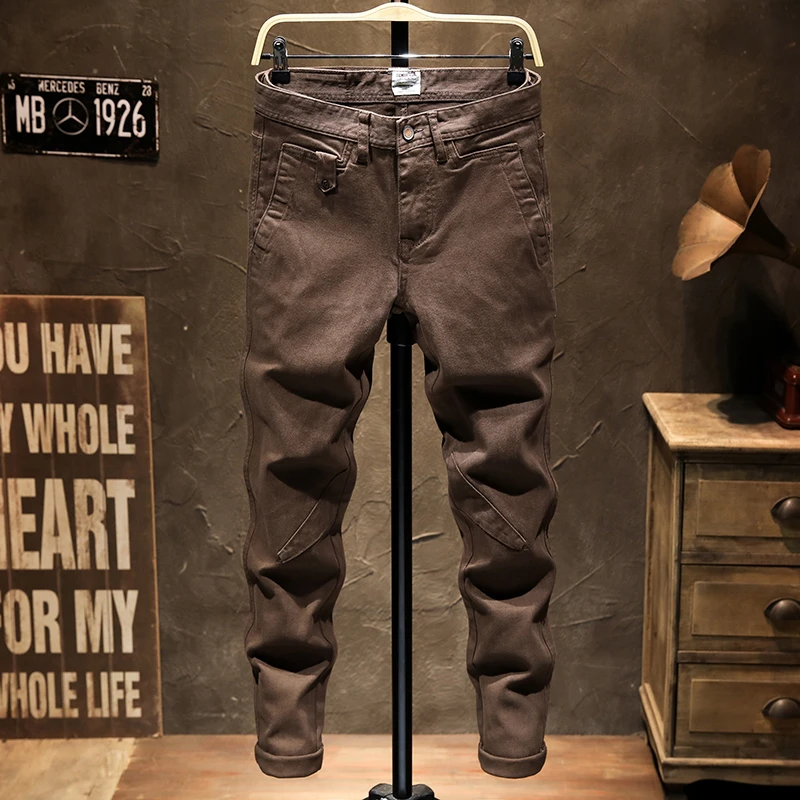 美式高端咖色潮牌休闲裤男士修身小脚弹力牛仔裤简约百搭长裤新款