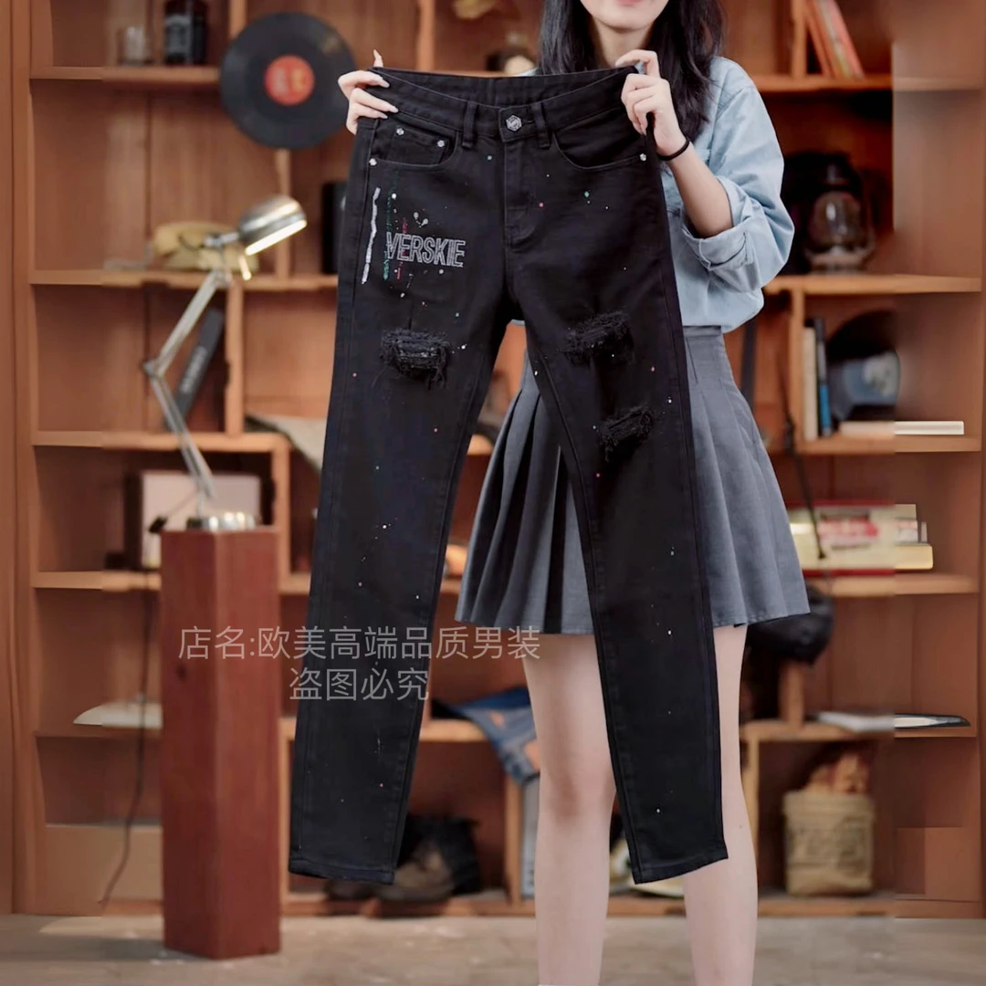 原创高端男士欧货牛仔裤黑色破洞补丁泼墨烫钻个性修身小脚弹力