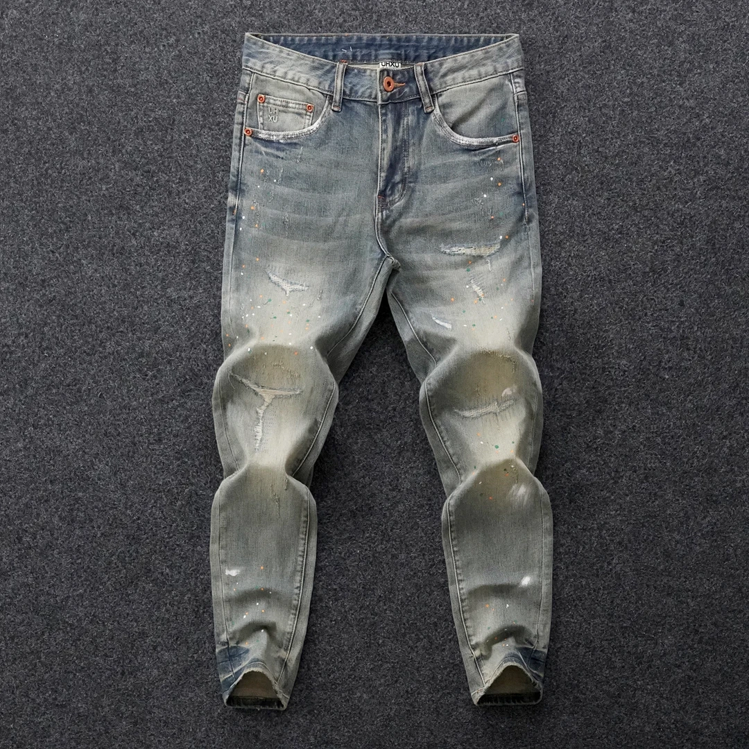 秋季高端欧货泼墨破洞牛仔裤男士修身小脚弹力潮牌做旧复古百搭