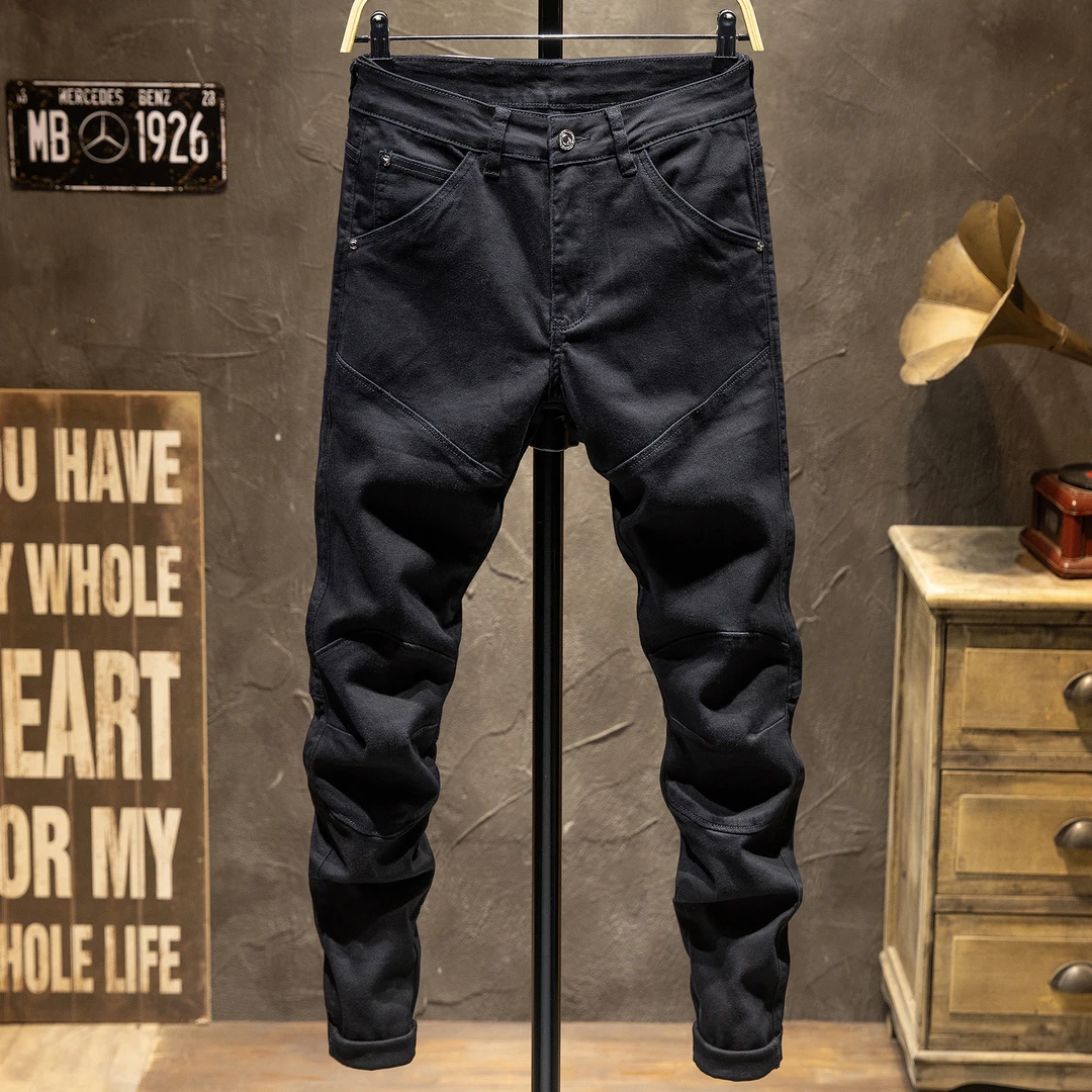 CXS-8331春秋季潮牌黑色拼接机车服牛仔裤男修身小脚弹力百搭微弹