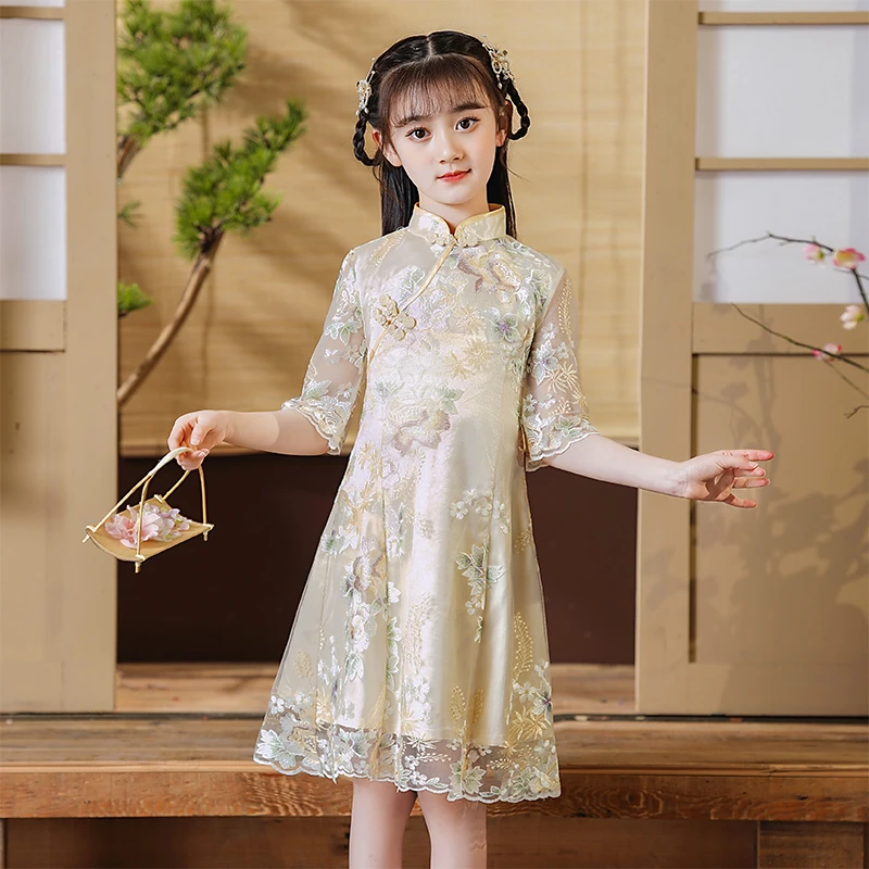 女童旗袍改良版连衣裙夏季唐装中国风古筝表演出服儿童汉服公主裙