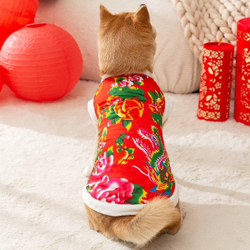 新年秋冬狗狗大东北大花衣服棉袄金毛柴犬柯基泰迪加绒棉衣猫宠物