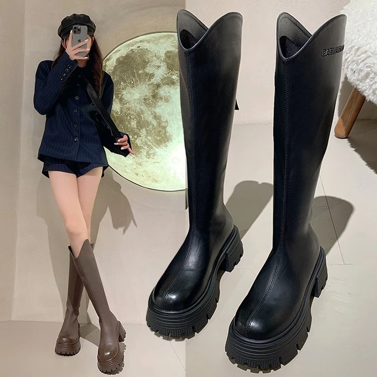 秋冬新款韩版加绒显瘦百搭厚底长靴后拉链高筒靴时尚女靴骑士靴