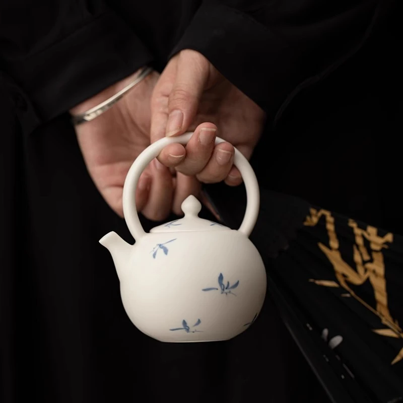 古与茶手绘兰花羊脂玉提梁壶白瓷茶壶单壶女士小茶壶泡茶陶瓷茶具