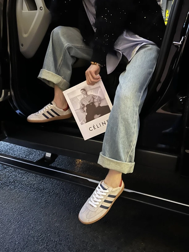 JIELA新款三杠红色德训鞋女真皮中底复古运动休闲鞋ins板鞋220117