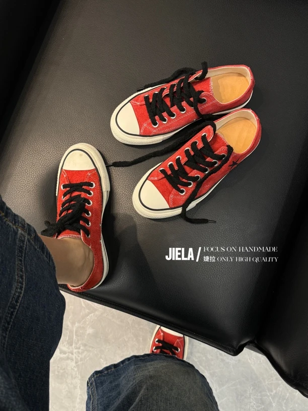 JIELA.婕拉新款红色五角星真皮女鞋休闲鞋低帮夏季运动240510