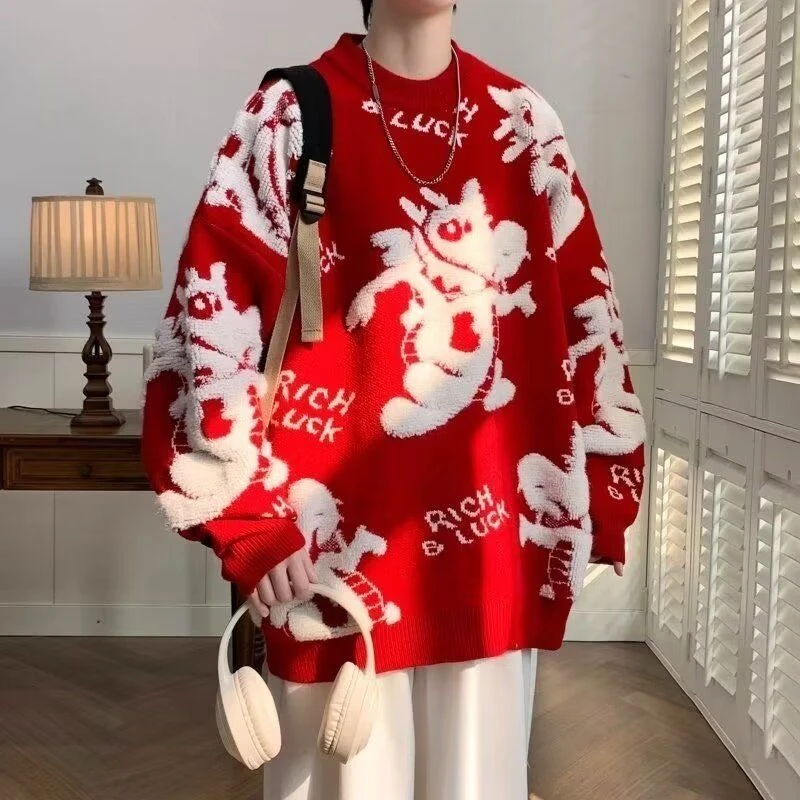 秋冬新款圆领保暖毛衣男针织衫新年款龙图案喜庆休闲套头小众个性