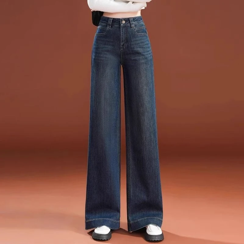 复古大脚牛仔阔腿裤女秋冬新款加绒加厚宽松高腰显瘦筒喇裤拖地裤