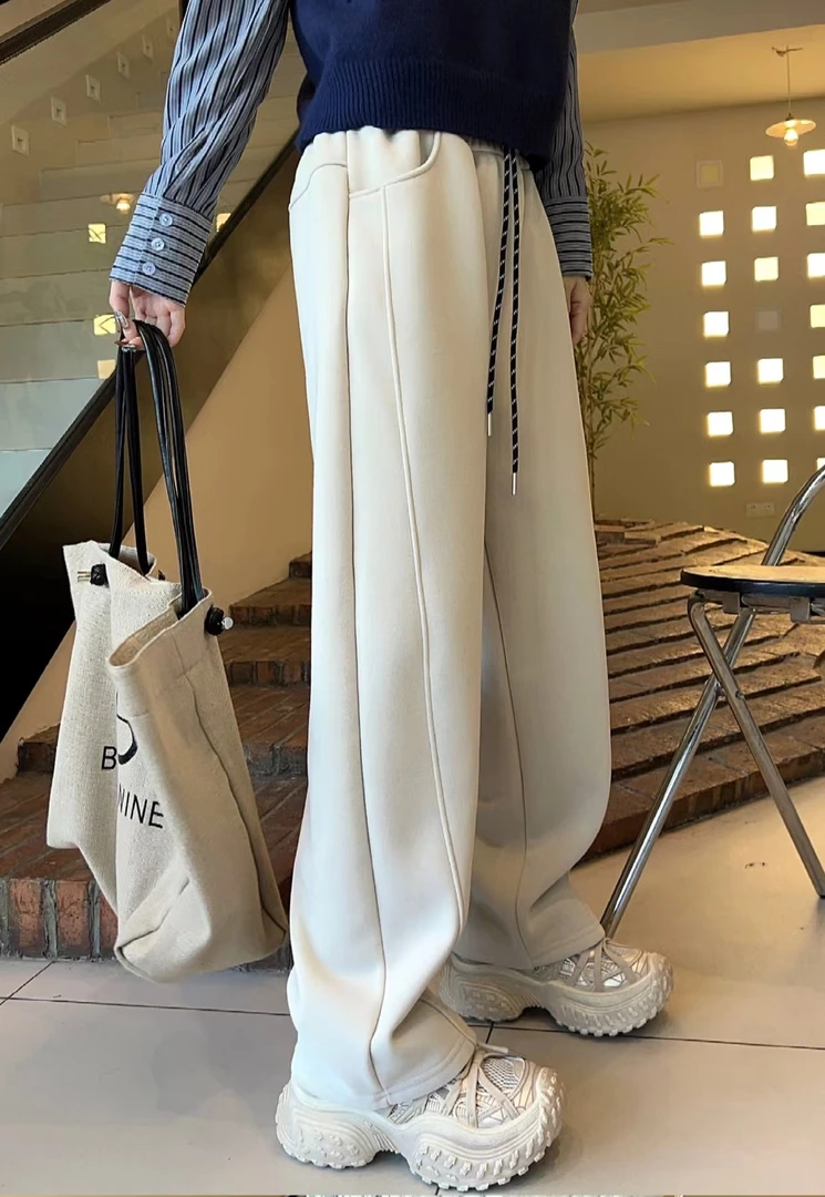 「京东闪发」冬款奥粒绒高级鱼骨线双层缝弯刀裤阔腿韩版休闲宽松