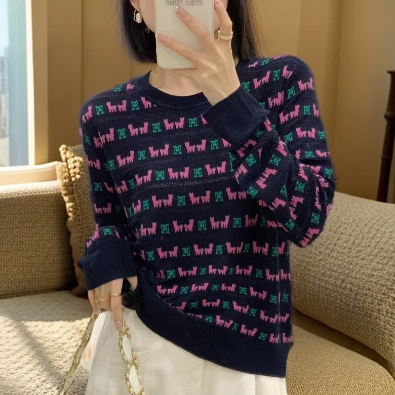 2024新款秋装中年宽松洋气圆领显瘦时尚女士长袖打底羊毛衫 24218