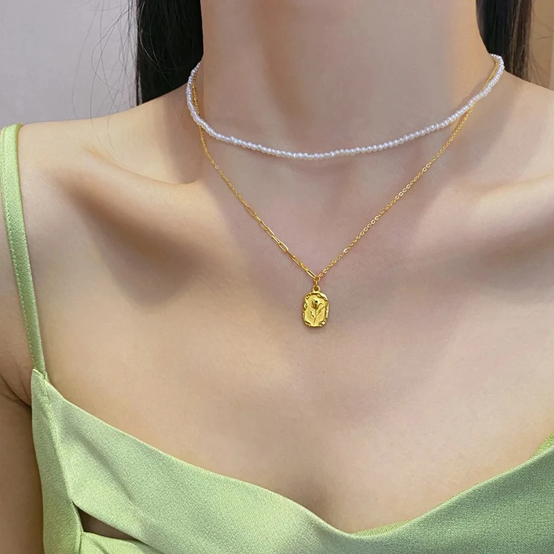 钛钢项链 郁金香花牌项链女复古浪漫玫瑰花锁骨链百搭配饰