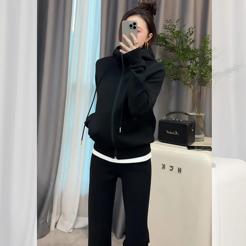 休闲运动套装女2024春秋新款澳棉显瘦休闲运动高腰小直筒运动套装
