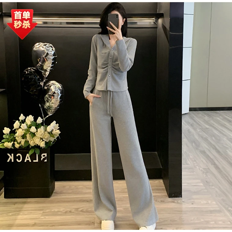 女秋季新款时尚休闲套装修身显瘦褶皱开衫连帽上衣阔腿裤两件套潮