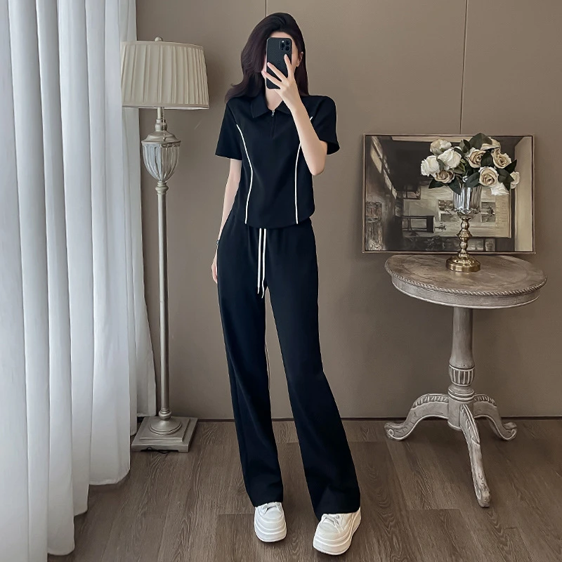 欧式简约轻奢运动套装女夏季时尚气质修身显瘦短袖上衣长裤两件套