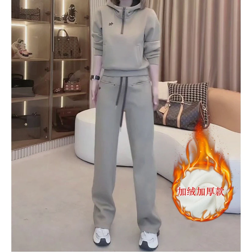 欧货运动套装女2025新款春秋时尚洋气设计感连帽卫衣直筒裤两件套