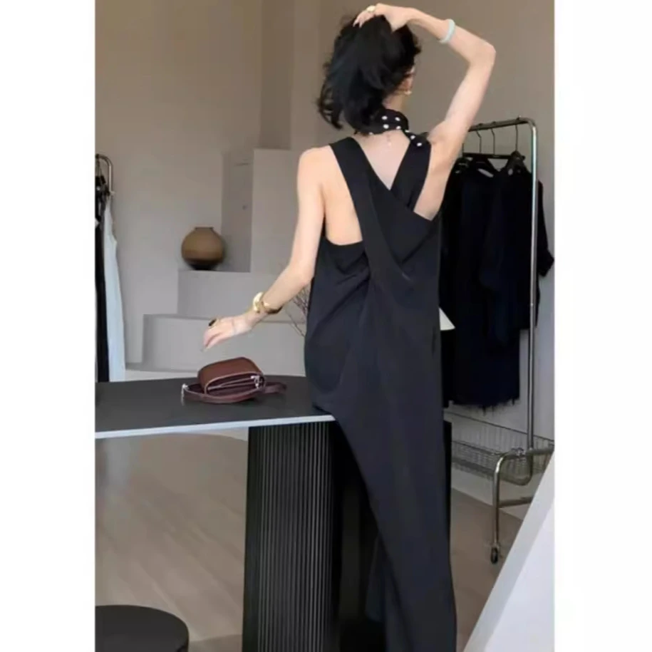 夏季方领无袖背心连衣裙女交叉露背宽松显瘦长裙子简约高级感女装