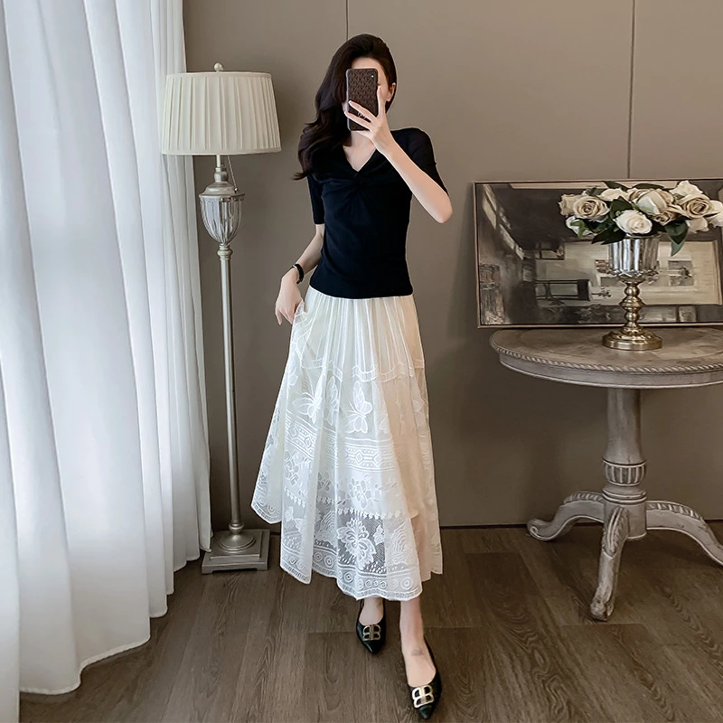 新中式国风休闲套装女印花盘扣短袖上衣水墨印染阔腿裤时尚两件套