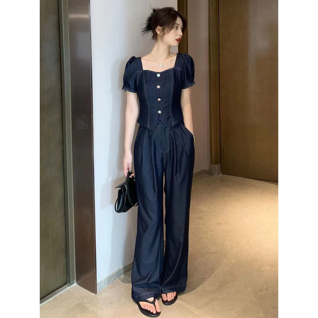 港风时尚百搭方领泡泡袖短款上衣高腰阔腿裤洋气显瘦两件套女夏季