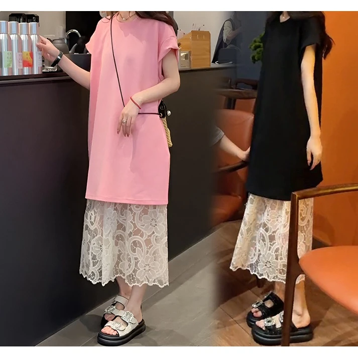 夏装搭配一整套2025新款欧货时尚洋气慵懒风T恤裙配蕾丝裙两件套