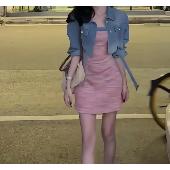 复古港风牛仔外套女短款设计感春夏2025新款防晒上衣吊带裙两件套