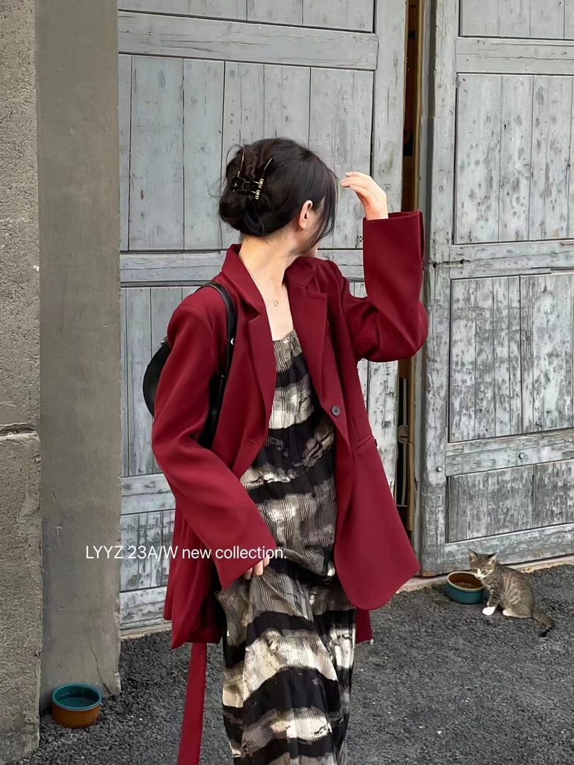 【QINXUAN】设计师款带腰带气质休闲时尚显瘦纯色西装西服