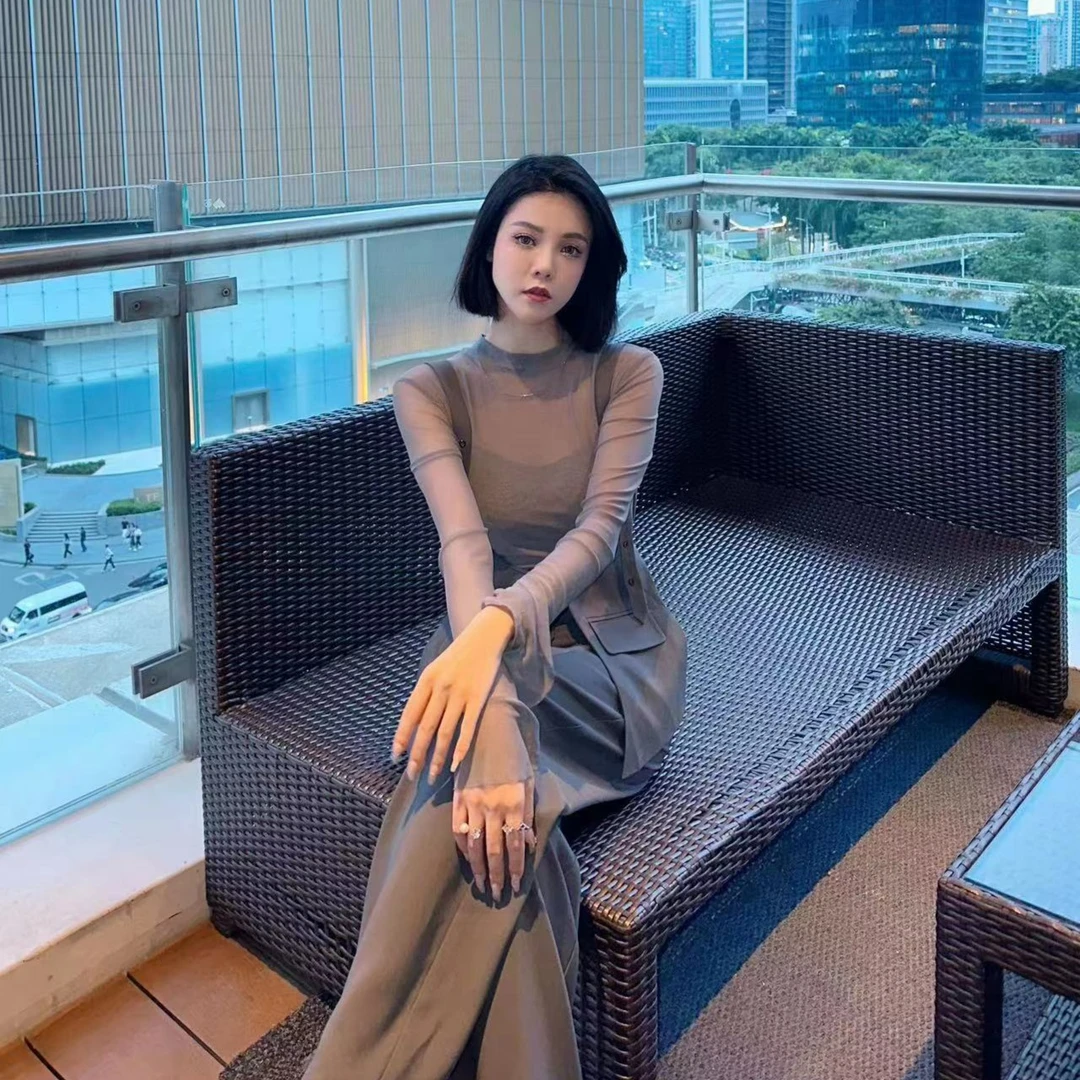 沐一女装网红夏季修身气质轻奢休闲设计感网纱打底轻熟长袖收腰