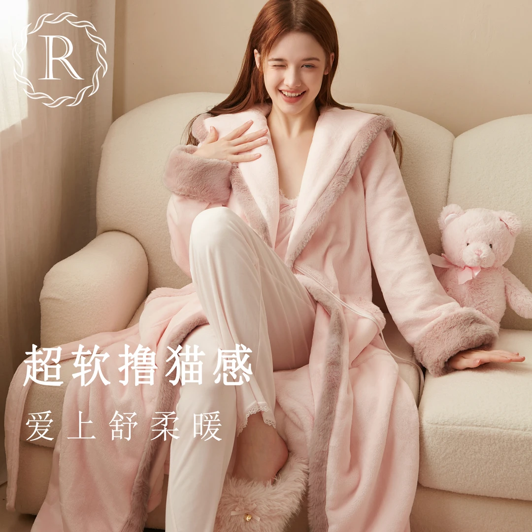 RoseTree珊瑚绒睡袍女款冬季长款法兰绒毛绒加绒加厚可爱少女睡衣