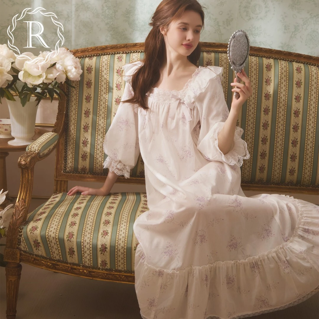RoseTree宫廷风睡裙女春秋季长袖长款纯棉蕾丝碎花少女公主风睡衣