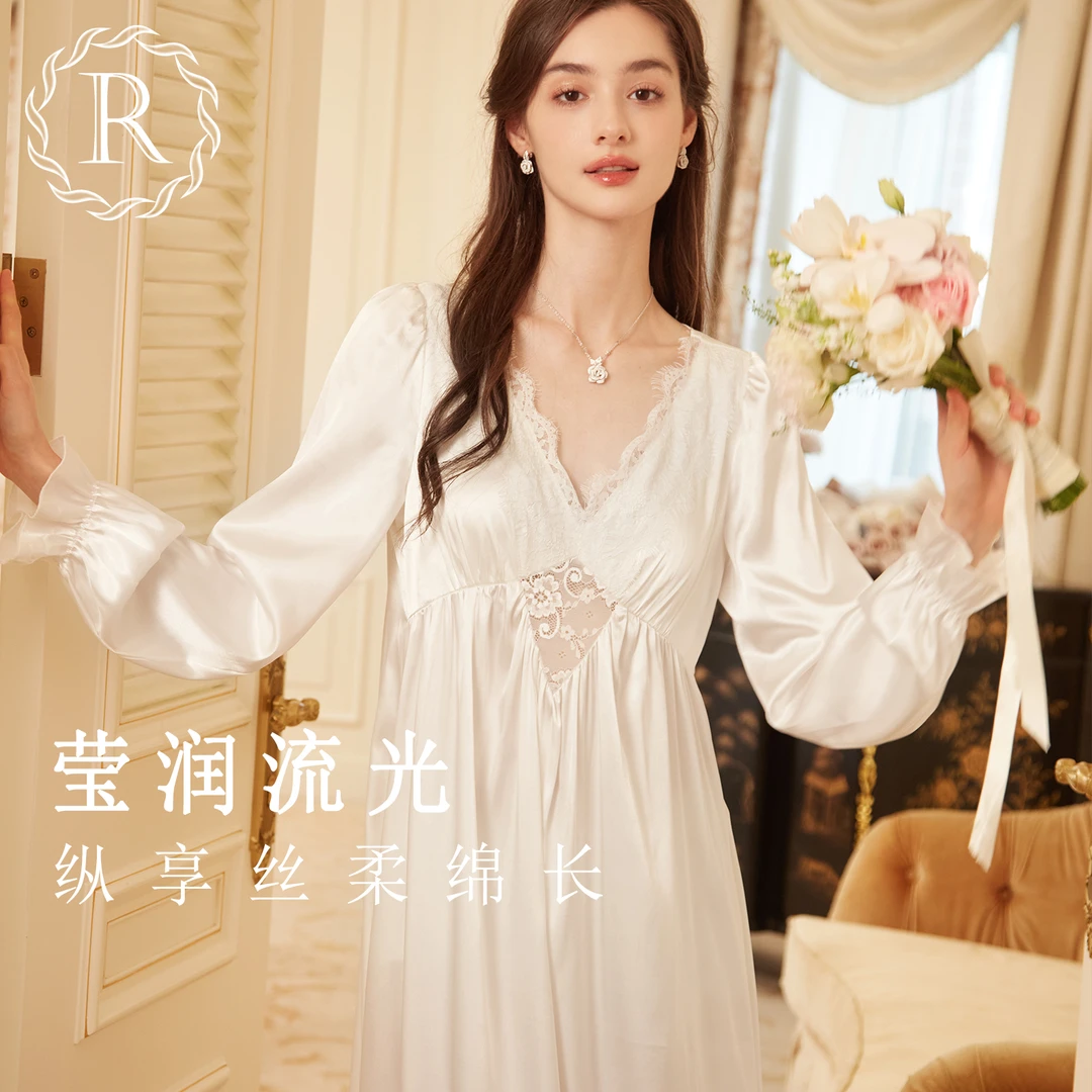 RoseTree性感睡裙女春秋季长袖法式复古冰丝蕾丝高级感睡衣带胸垫