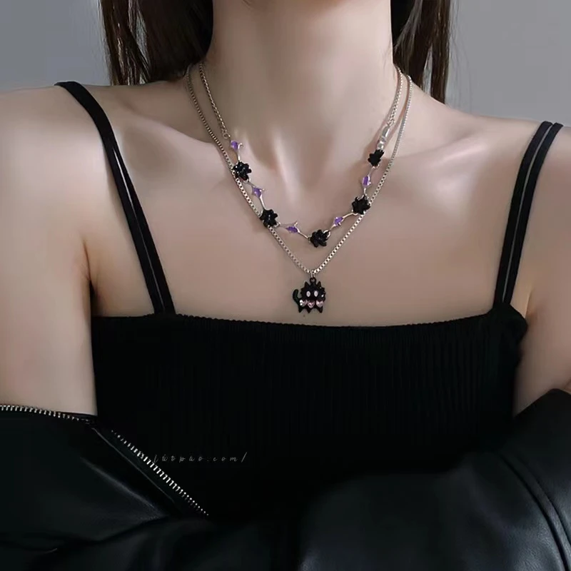 钛钢项链 喵星人~小猫锆石双层项链叠戴配饰高级设计感小众锁骨链