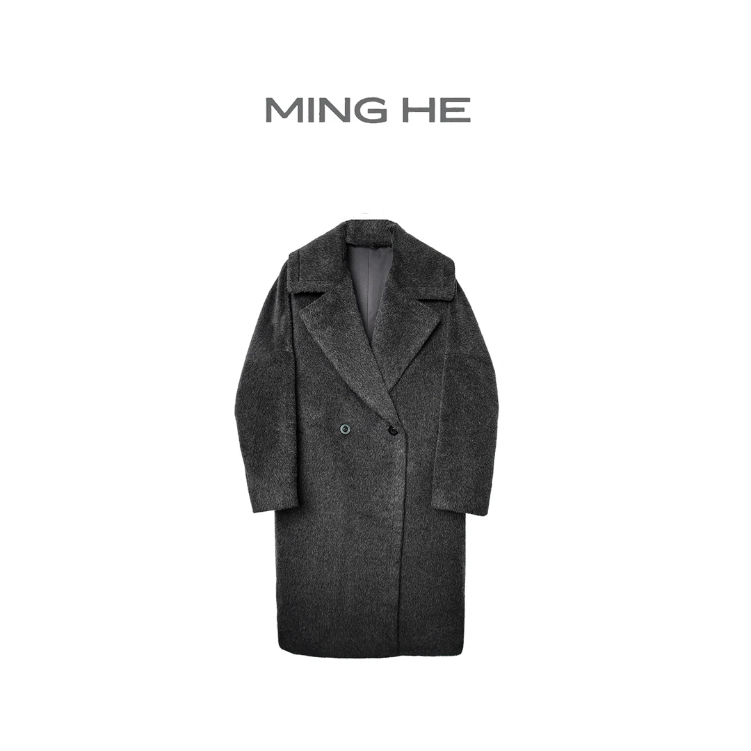 MING HE |【黑金系列】墨黪秘鲁进口骆马羊驼绒中长款大衣女 AW9634