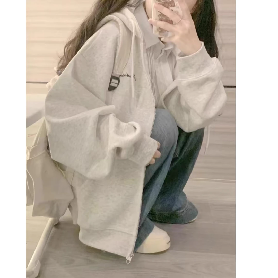 中大儿童灰色运动外套女童卫衣秋冬韩系拉链连帽oversize开衫上衣