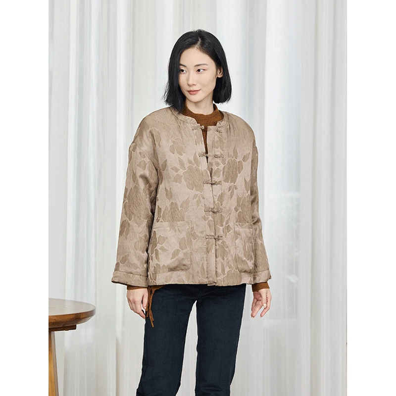 qtu棉服女冬季新款亚麻丝棉牡丹提花4304小立领古典气质高级外套