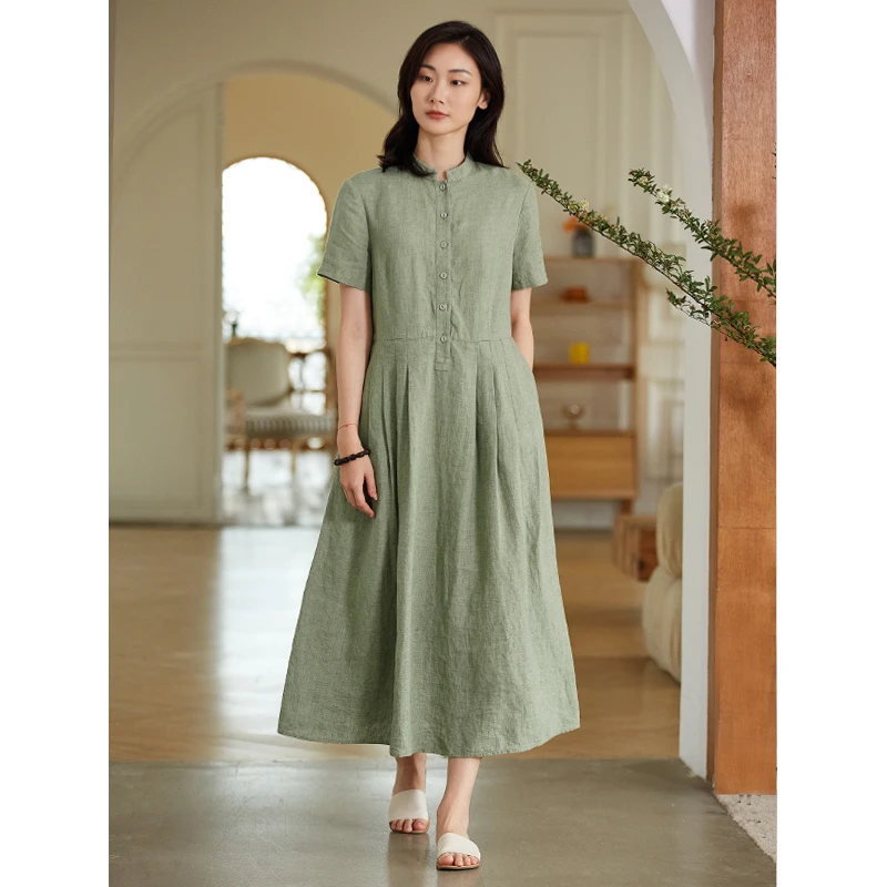 Q.TU高端减龄显白21英支色织亚麻小立领短袖连衣裙夏2025新款3674