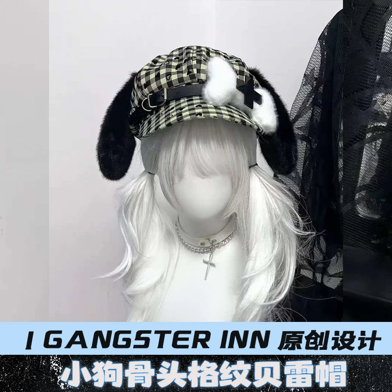 1Gangster Inn原创亚文化小狗骨头帽可爱宅系二次元格纹贝雷帽
