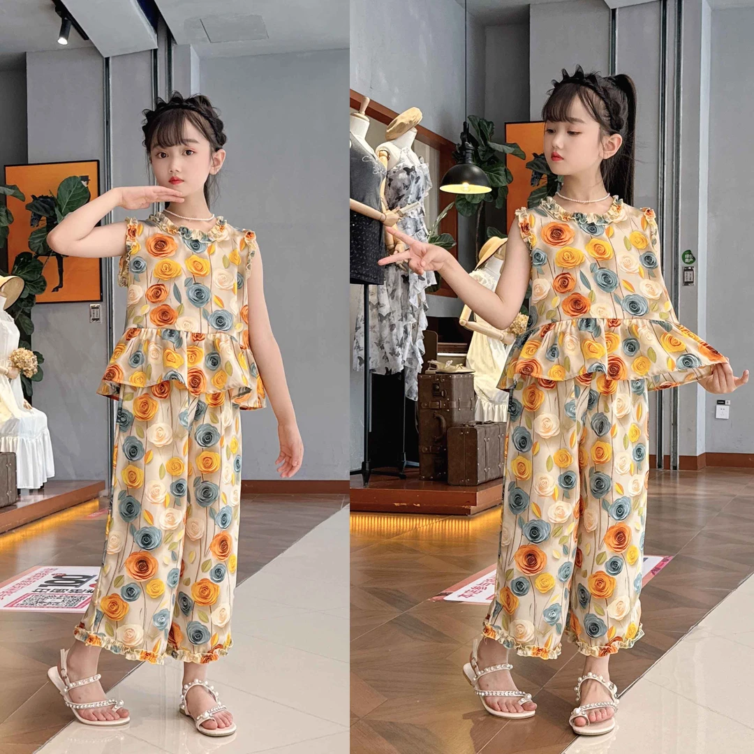2024夏季新款女大童洋气时尚无袖碎花套装女童中大童休闲薄款套装