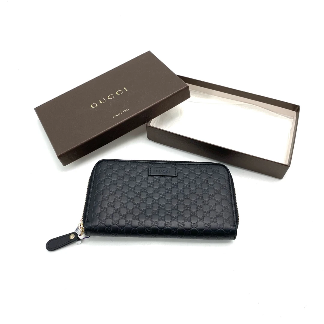 99新 GUCCI/古驰 黑色全皮压花拉链钱包 尺寸20/10