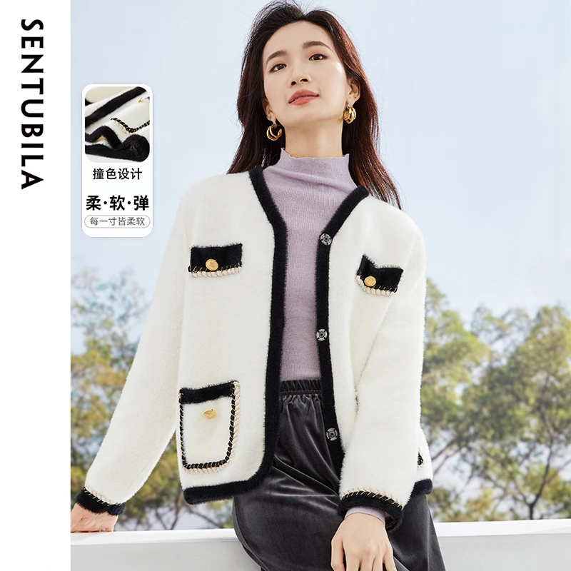 尚都比拉|时尚小香风V领落肩多贴袋撞色毛绒感针织外套-BJ 52512