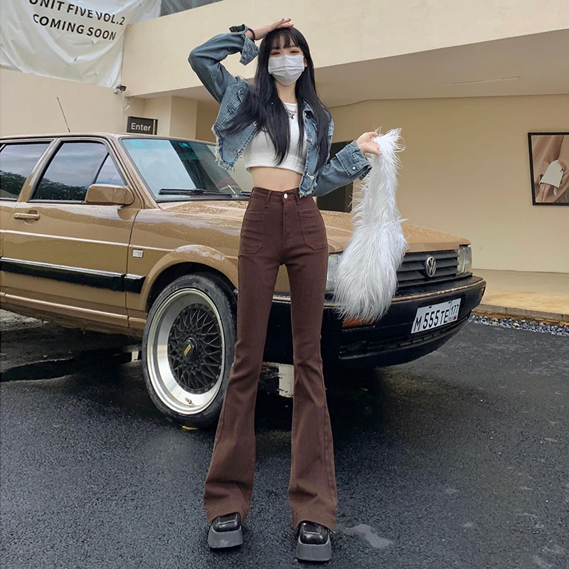 美拉德棕色牛仔裤女春秋美式复古微喇叭裤高腰显瘦时尚阔腿拖地裤