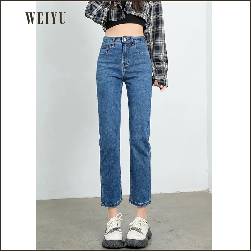 【嘉人有约】九分牛仔裤女2023秋季新款休闲直筒弹力高腰显瘦烟管裤